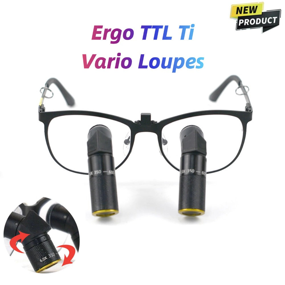 Oradenix Ergo TTL Ti Vario dental loupes on white background. Features a premium black titanium frame with integrated 6.0X magnification optics. The close-up inset highlights the rotating lens barrel for adjustable working distance from 350mm to 600mm. Ideal for ergonomic dental and surgical procedures.