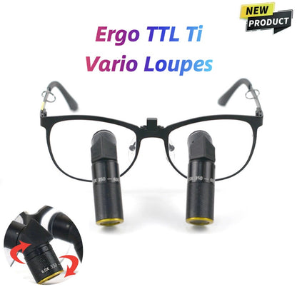 Oradenix Ergo TTL Ti Vario dental loupes on white background. Features a premium black titanium frame with integrated 6.0X magnification optics. The close-up inset highlights the rotating lens barrel for adjustable working distance from 350mm to 600mm. Ideal for ergonomic dental and surgical procedures.