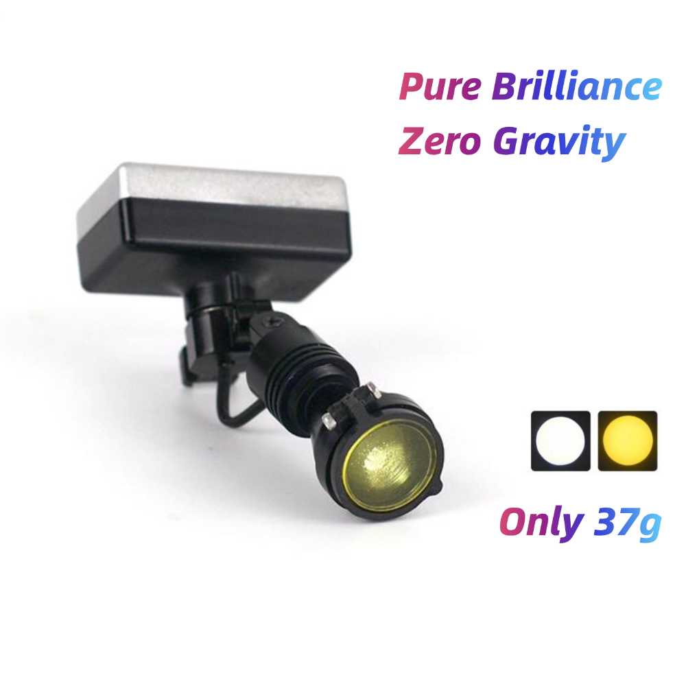 Product image of the Oradenix ProLite wireless surgical LED headlight on a clean white background. The image features the slogan "Pure Brilliance, Zero Gravity" to highlight its premium 50,000 Lux illumination. It showcases the sleek black and silver lamphead, two color filter icons indicating white and anti-curing yellow light options, and the text "Only 37g," emphasizing its ultra-lightweight ergonomic design for dental professionals.