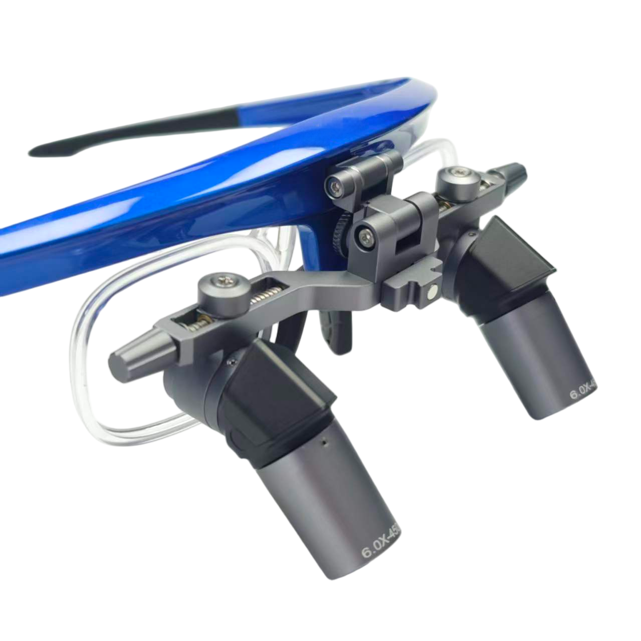 Oradenix ergo 45 degree flip-up dental deflection loupes with detachable transparent Rx insert frame.