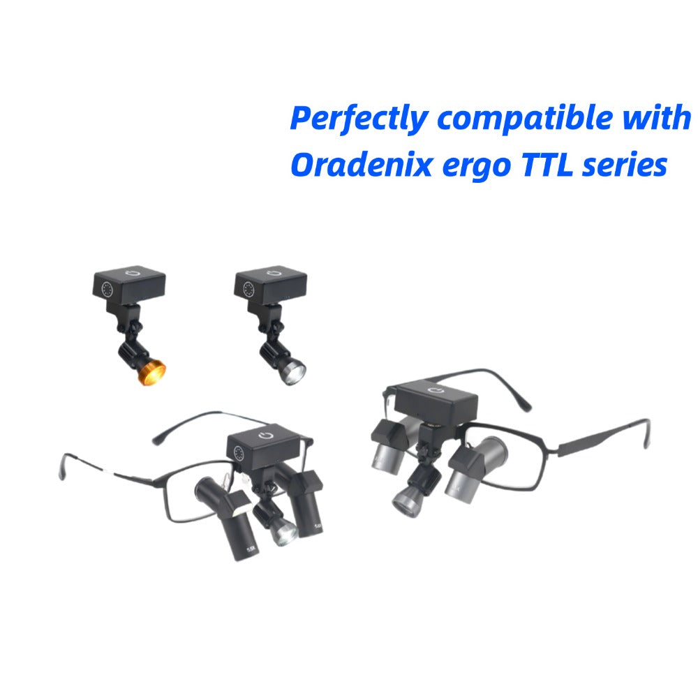 A visual demonstration highlighting the seamless integration of the professional wireless LED headlight with the Oradenix ergo TTL series dental loupes. The top section shows two standalone ultralight headlight units, displaying both the composite-safe yellow filter and standard white light. The bottom section illustrates the headlight perfectly mounted onto two different pairs of black ergonomic through-the-lens (TTL) surgical loupes. The setup emphasizes a secure, balanced fit that adds zero strain to the