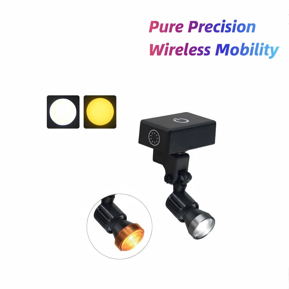 A professional wireless surgical LED headlight system designed for pure precision and wireless mobility. The ultra-lightweight integrated battery and lamp unit features intelligent touch controls. The articulating lamp head is shown displaying both standard white daylight and a composite-safe warm yellow light mode, alongside a magnified view of the amber filter attachment. Designed for seamless compatibility with dental loupes to provide shadow-free illumination.