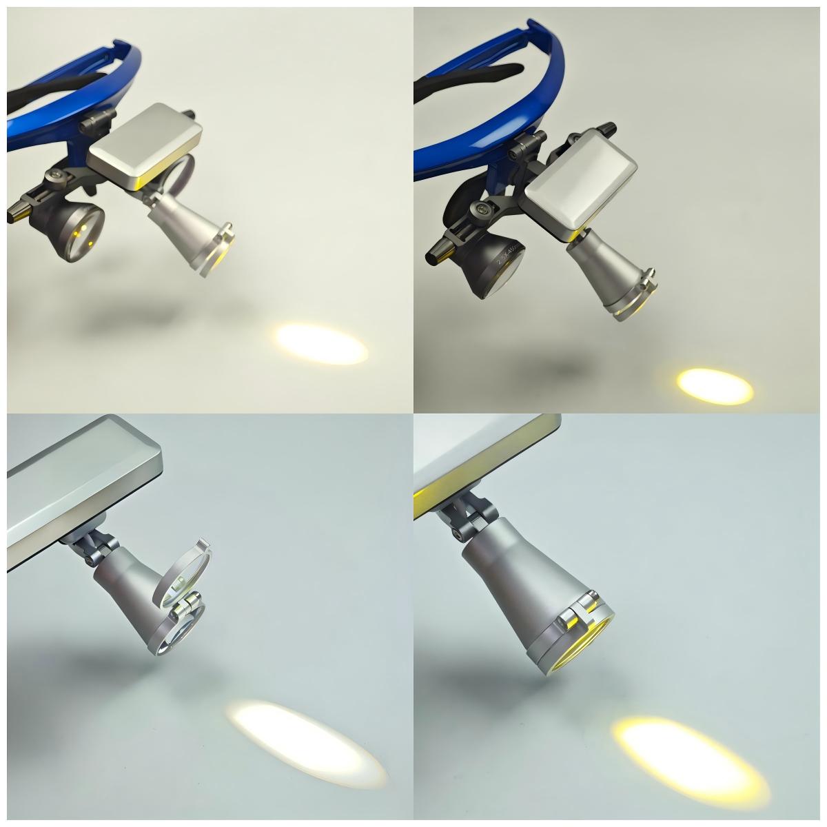 A comparison chart showcasing the light spot output of the professional dental LED headlight with and without the integrated orange filter. It illustrates how the high-grade filter safely converts the bright daylight beam into an orange light pattern designed to prevent premature composite curing while maintaining a uniform, clear spot during clinical procedures.