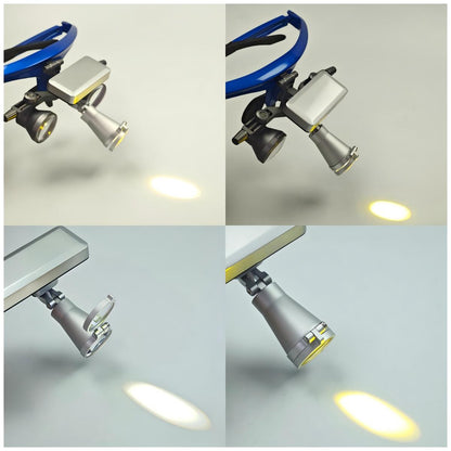 A comparison chart showcasing the light spot output of the professional dental LED headlight with and without the integrated orange filter. It illustrates how the high-grade filter safely converts the bright daylight beam into an orange light pattern designed to prevent premature composite curing while maintaining a uniform, clear spot during clinical procedures.