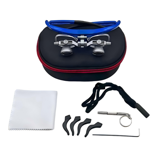 Complete ergonomic deflection dental loupes kit with protective case, cleaning cloth, head strap, and adjustment tools.