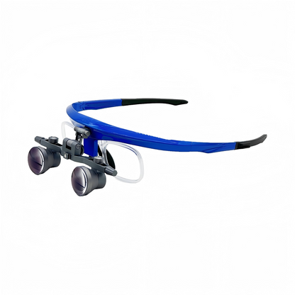 ergonomic flip-up 90 degree deflection dental loupes with blue sports frame and prescription lens insert.
