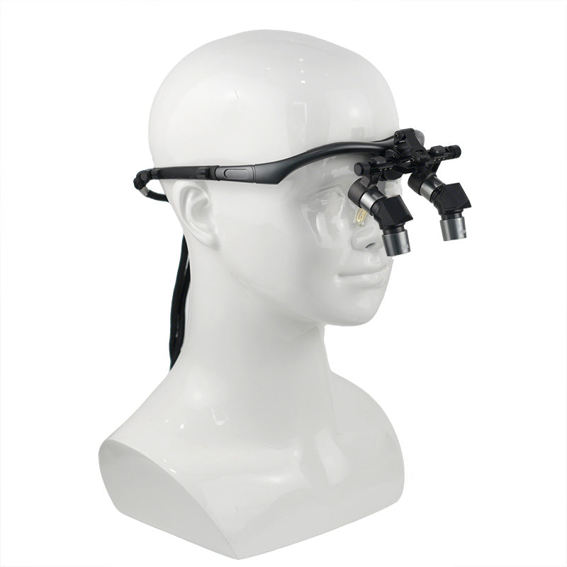Side view of ergonomic headband surgical dental loupes worn on mannequin head showing zero nose bridge pressure fit