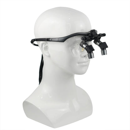 Side view of ergonomic headband surgical dental loupes worn on mannequin head showing zero nose bridge pressure fit