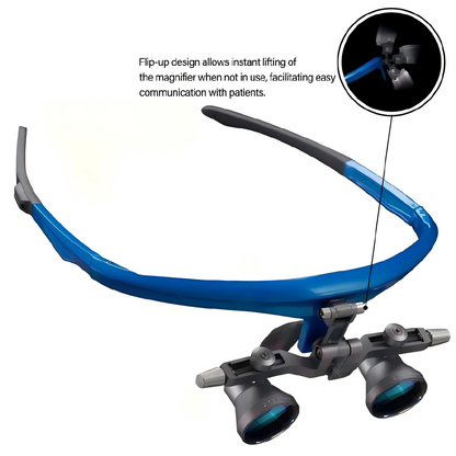 Detailed view of the medical loupes on a white background, featuring a specialized Flip-up design. A close-up infographic in the top right corner shows the instant lifting of the magnifier. This mechanism allows for unobstructed vision and facilitates easy communication with patients without removing the loupes.