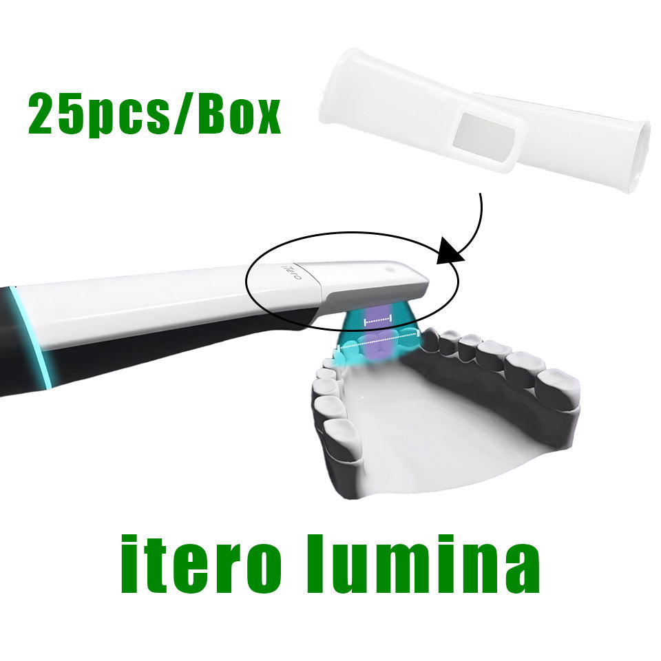 Disposable protective barrier sleeve with clear optical window for iTero Lumina intraoral scanner, 25 pieces per box.