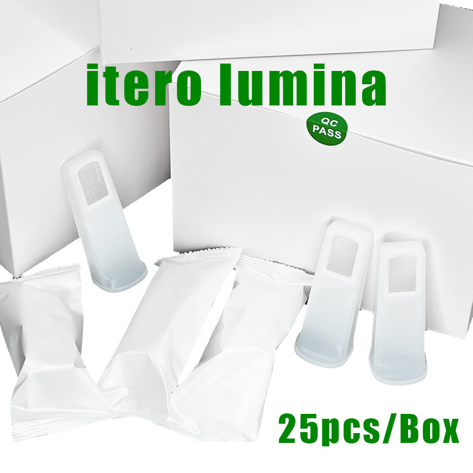 Individually sealed disposable protective sleeves with clear optical window for iTero Lumina intraoral scanner, 25 pieces per box packaging.
