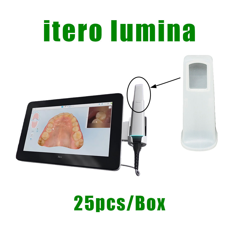 Custom-fit disposable protective sleeve with clear optical window installed on iTero Lumina intraoral scanner wand, 25pcs/box.