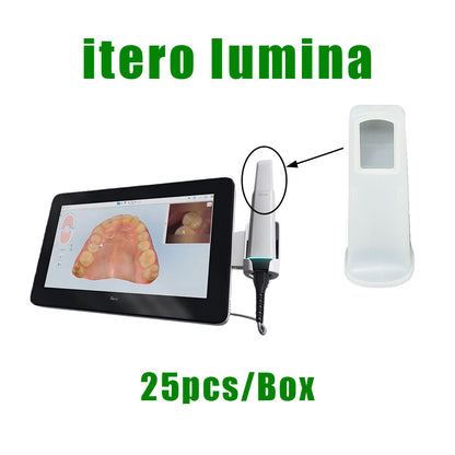 Custom-fit disposable protective sleeve with clear optical window installed on iTero Lumina intraoral scanner wand, 25pcs/box.