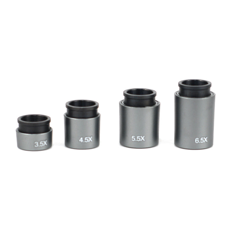 Set of 4-in-1 magnetic interchangeable loupe lens barrels showing 3.5x 4.5x 5.5x and 6.5x magnification levels
