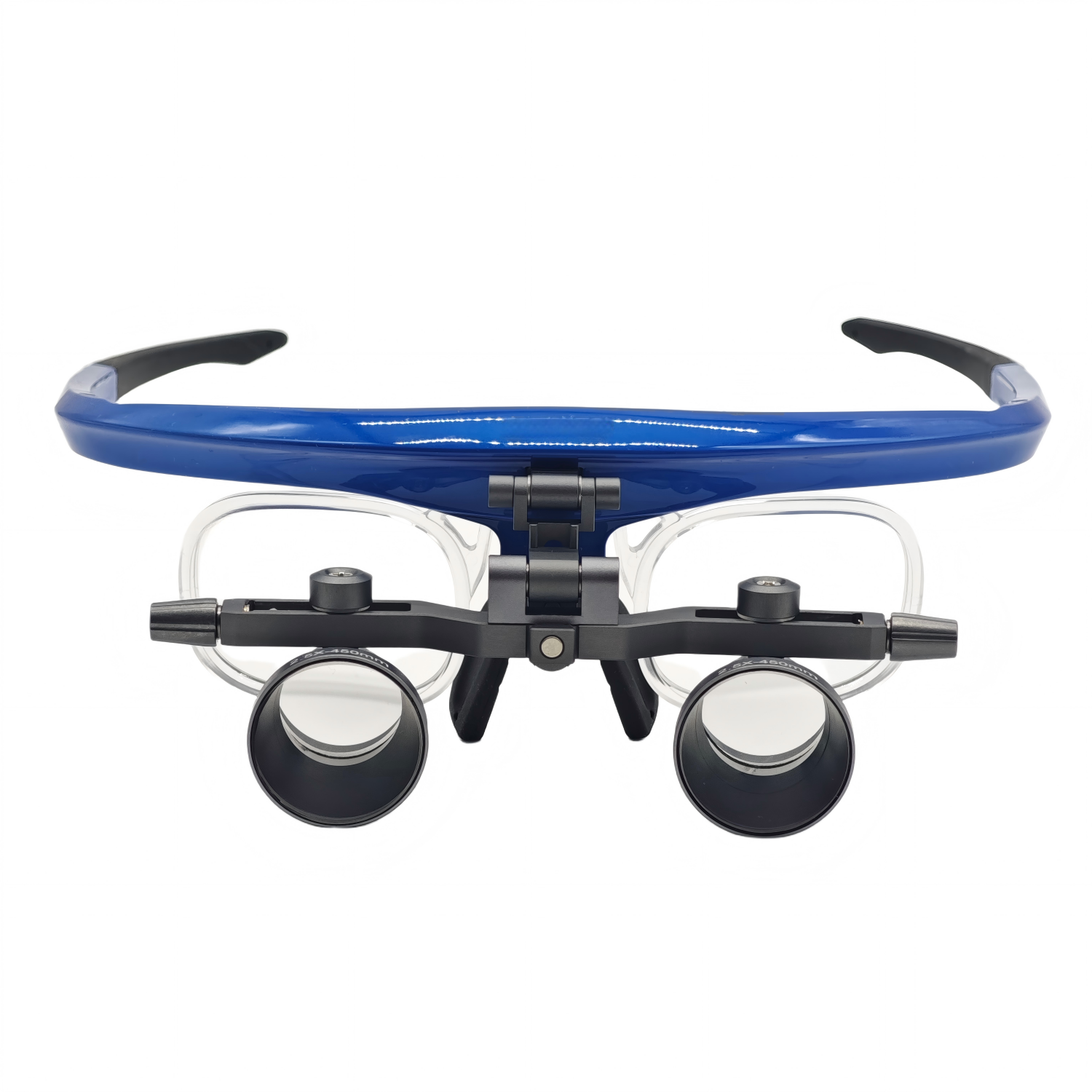 Oradenix premium straight optics flip-up dental loupes with adjustable IPD and detachable transparent Rx insert frame.
