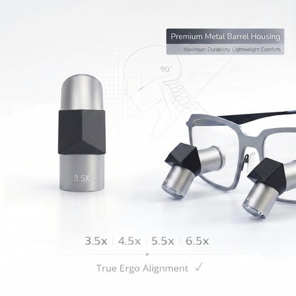 Detailed infographic of Oradenix TTL loupes showcasing the premium silver metal barrel housing for maximum durability and lightweight comfort. Includes a 90-degree ergonomic neck posture diagram illustrating true ergo alignment, with available magnification options of 3.5x, 4.5x, 5.5x, and 6.5x on a clean white professional background.