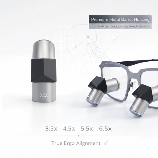 Detailed infographic of Oradenix TTL loupes showcasing the premium silver metal barrel housing for maximum durability and lightweight comfort. Includes a 90-degree ergonomic neck posture diagram illustrating true ergo alignment, with available magnification options of 3.5x, 4.5x, 5.5x, and 6.5x on a clean white professional background.
