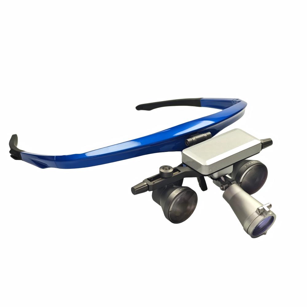 The ultra-lightweight magnetic LED headlight mounted on professional flip-up dental loupes, demonstrating secure integration and high-intensity illumination for dentists and surgeons during clinical examinations and micro-surgery.