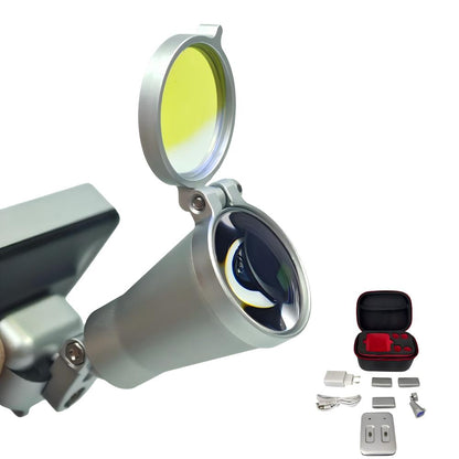 Detail view of the portable surgical headlight featuring the up-flipped orange curing filter and precision lens, alongside a thumbnail showcasing the complete magnetic kit including batteries and charging station, providing a comprehensive lighting solution in dental and surgical procedure environments.