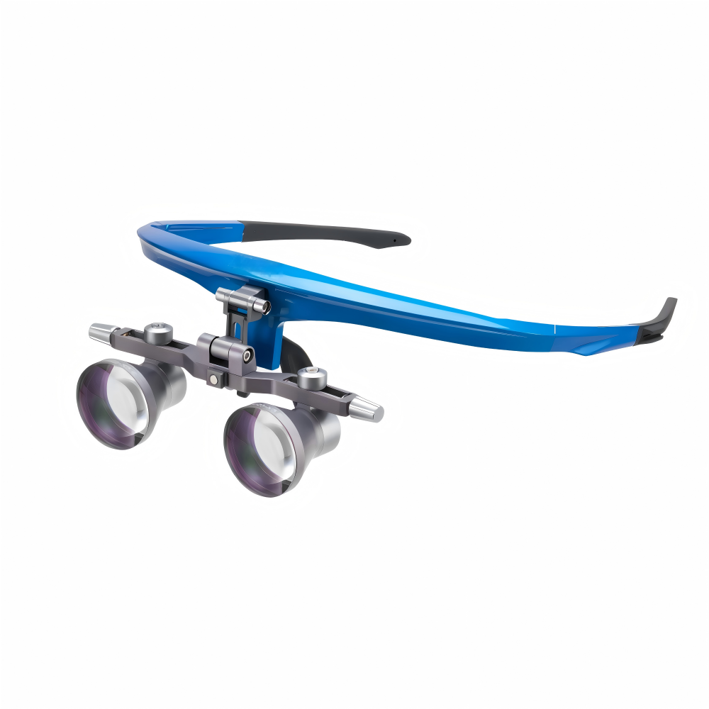 Professional flip-up medical & dental loupes with a sleek blue frame and high-definition precision optics. Ultra-lightweight 60g design for all-day comfort. Shot from a 45-degree angle on a pure white background.