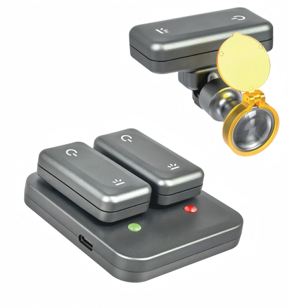 Ultralight 29g wireless LED dental loupe headlight with dual-bay charging dock, spare batteries, and flip-up yellow curing filter